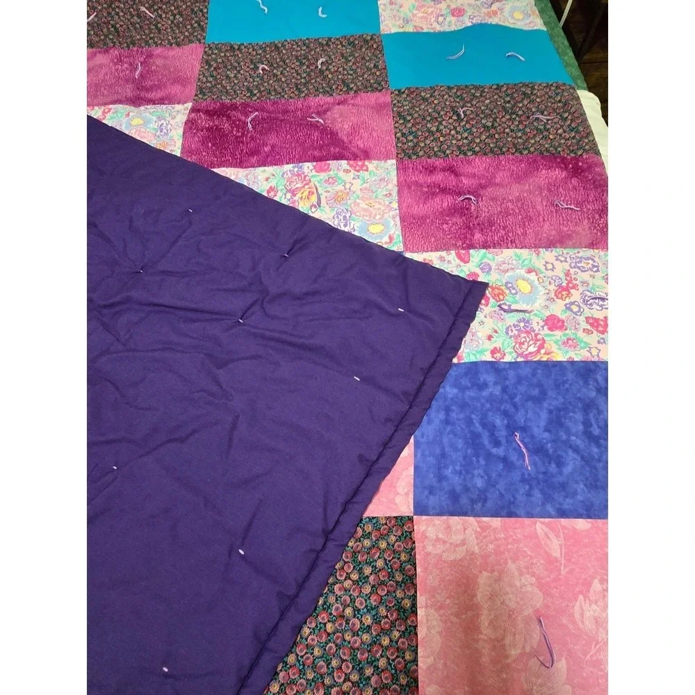 Handmade Patchwork Quilt Queen Cozy Pink‎ Blue Purple Cozy Throw Blanket /0193